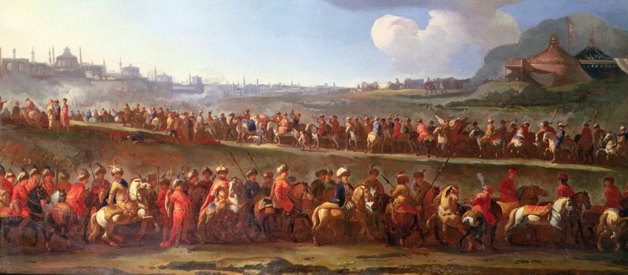 Uma Caravana Turca fora de Constantinopla (óleo sobre tela) de Jan van (attr. to) Huchtenburgh