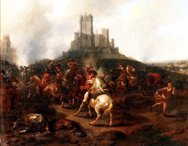 Uma escaramuça de cavalaria diante de uma fortaleza de Jan van (attr. to) Huchtenburgh