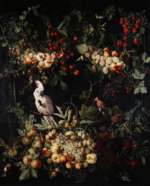 Espartilhos de frutas com flores ao redor de um cartucho com uma catatua com crista sulfurosa (óleo sobre tela) de Jan van (attr. to) Kessel