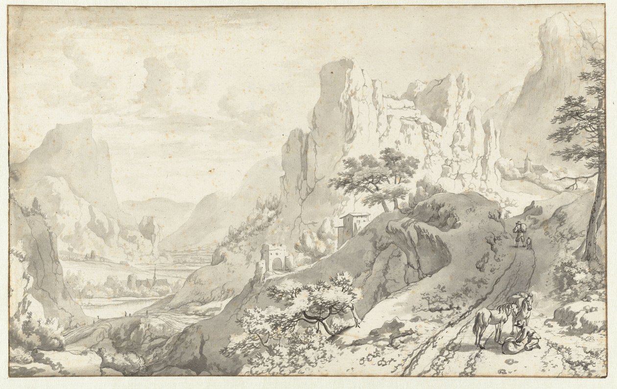 Paisagem de montanha com cavaleiro descendente de Jan van Aken