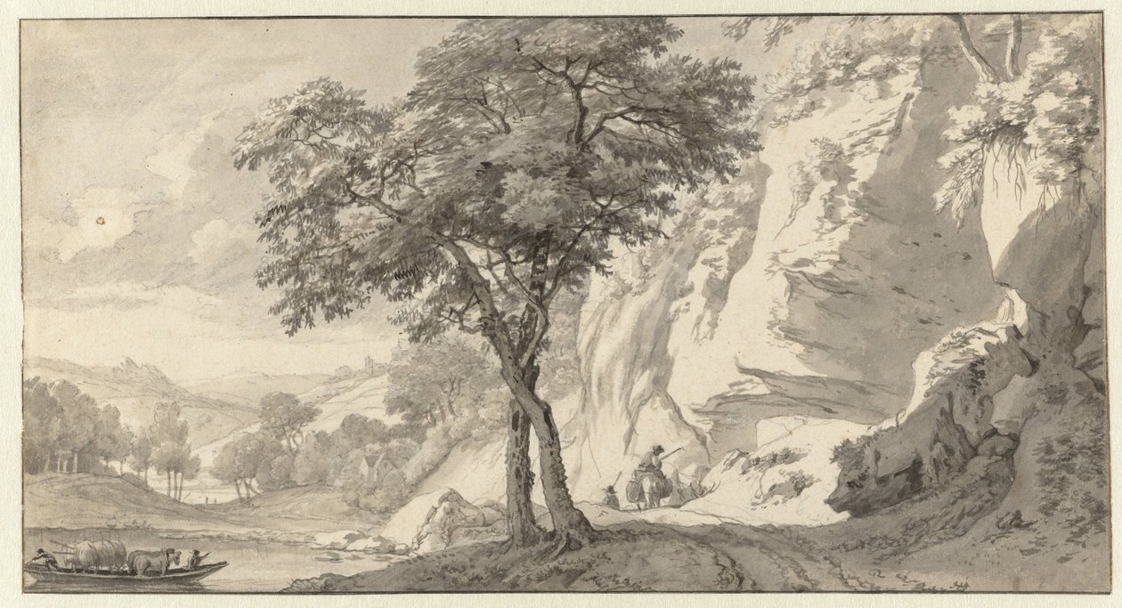 Paisagem de montanha com uma balsa de Jan van Aken