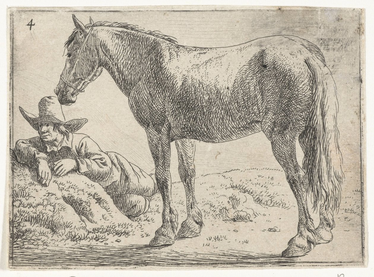 Cavalo em pé com cavaleiro em repouso Paisagens com cavalos (título da série) de Jan van Aken