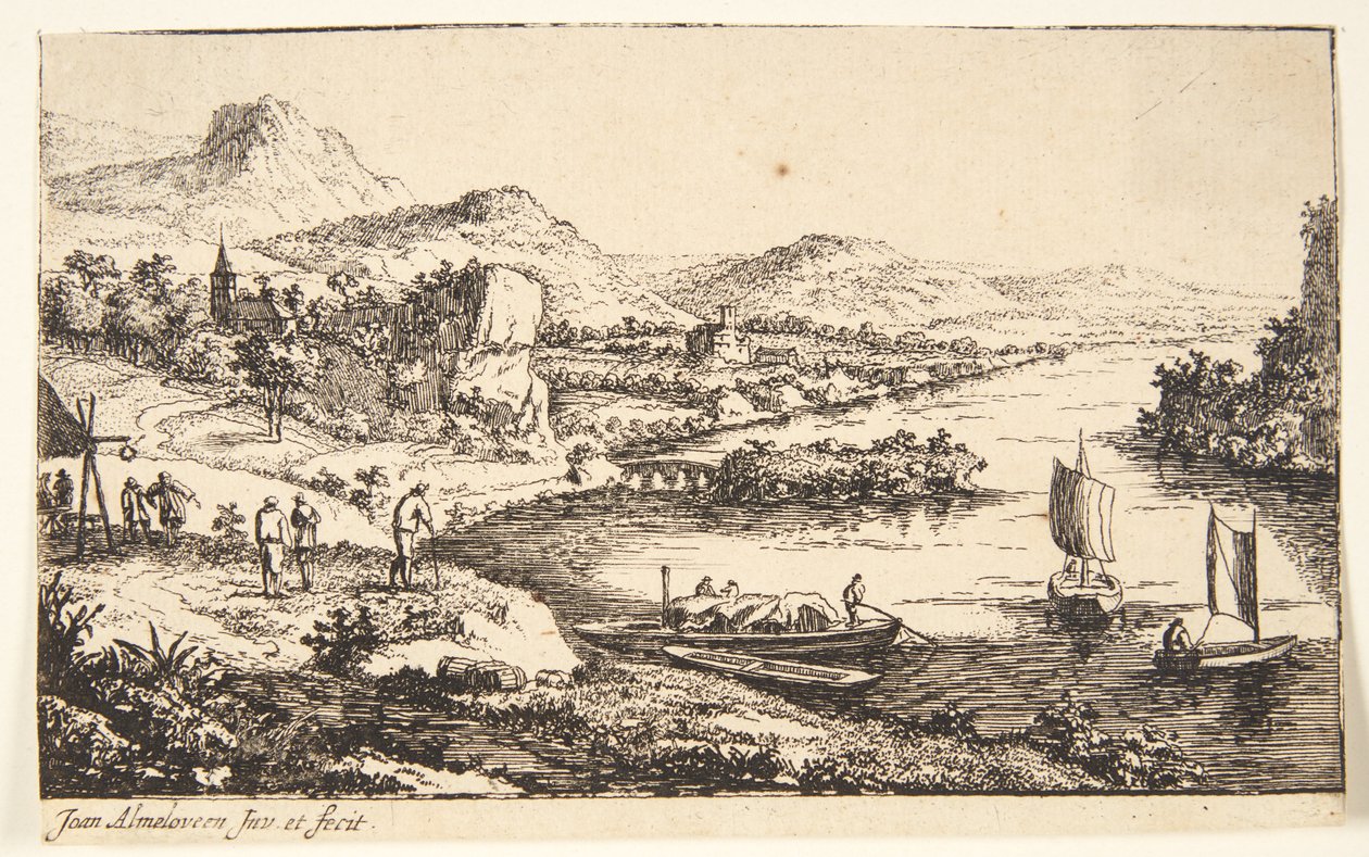 Paisagem fluvial com utentes da estrada, à direita uma barcaça e dois bote para velejar de Jan van Almeloveen