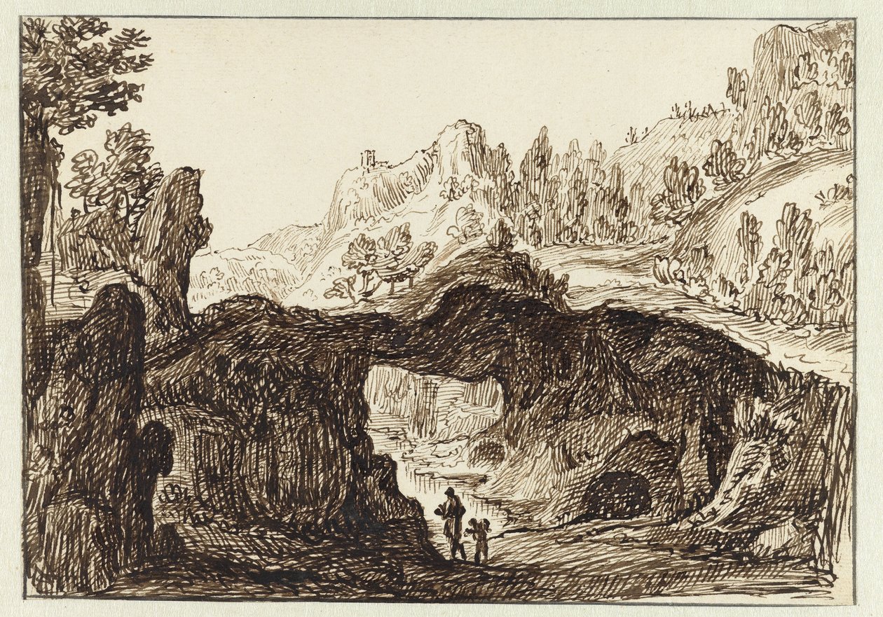 Paisagem de montanha rochosa com dois viajantes em primeiro plano de Jan van Almeloveen