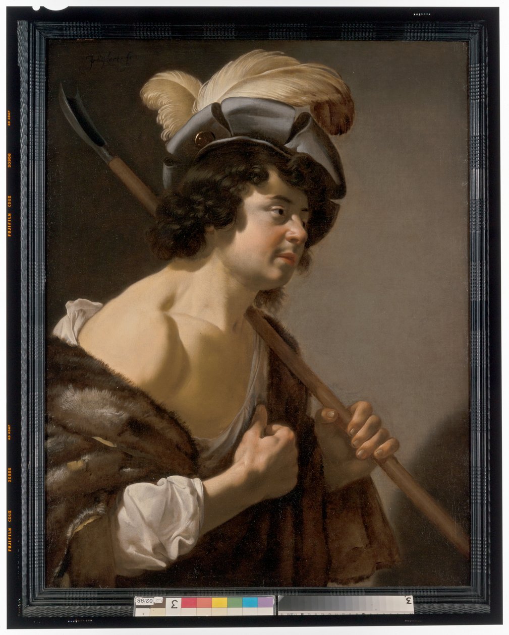 Um pastor, a meio comprimento de perfil, com um elegante barrete de penas de Jan van Bijlert or Bylert