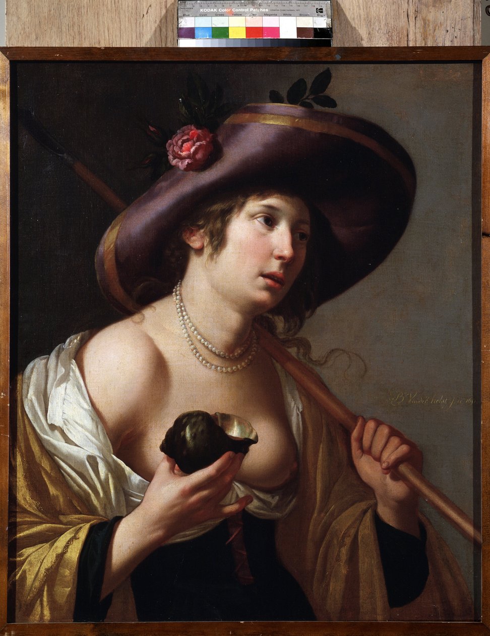 "Retrato de Granida" A personagem de Granida com uma concha que utiliza para beber a água que lhe foi dada pelo pastor Daifilo. Baseado na pintura "Granida" de Pieter Corneliszoon Hooft. Pintura de Jan van Bylert (1598-1671) Museu de Colecções de Jan van Bijlert or Bylert