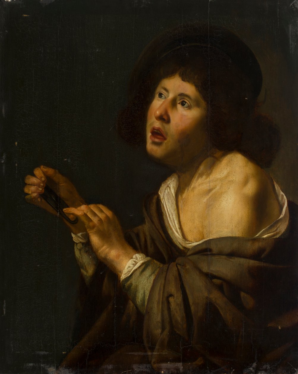 Retrato de um menino com um instrumento (óleo no painel colocado a bordo) de Jan van Bijlert or Bylert