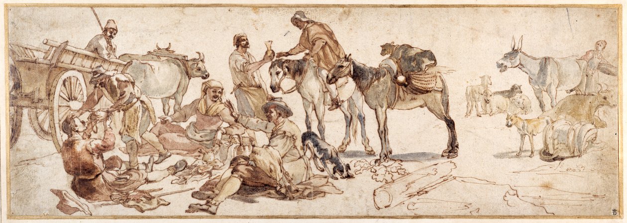 Countryfolk descansando para piquenique à beira da estrada (caneta e tinta com aquarela sobre papel) de Jan van Bike Miel