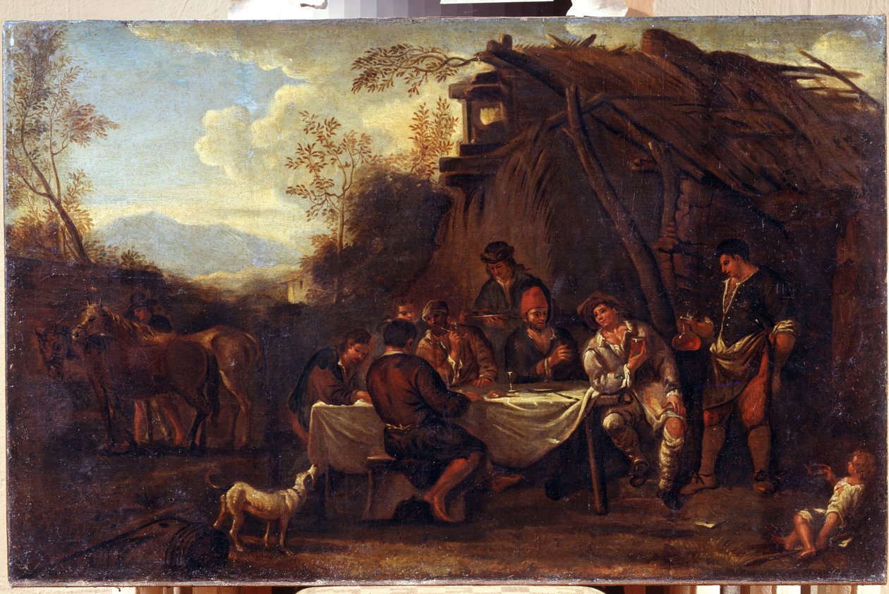 O Encontro Alegre (Feliz Encontro). Pintura de Jan Miel (1599-1664). Arte em estilo barroco flamengo. Óleo sobre tela. Museu de Arte Regional I. Kramskoi, Voronezh (Voronezh, Rússia). de Jan van Bike Miel