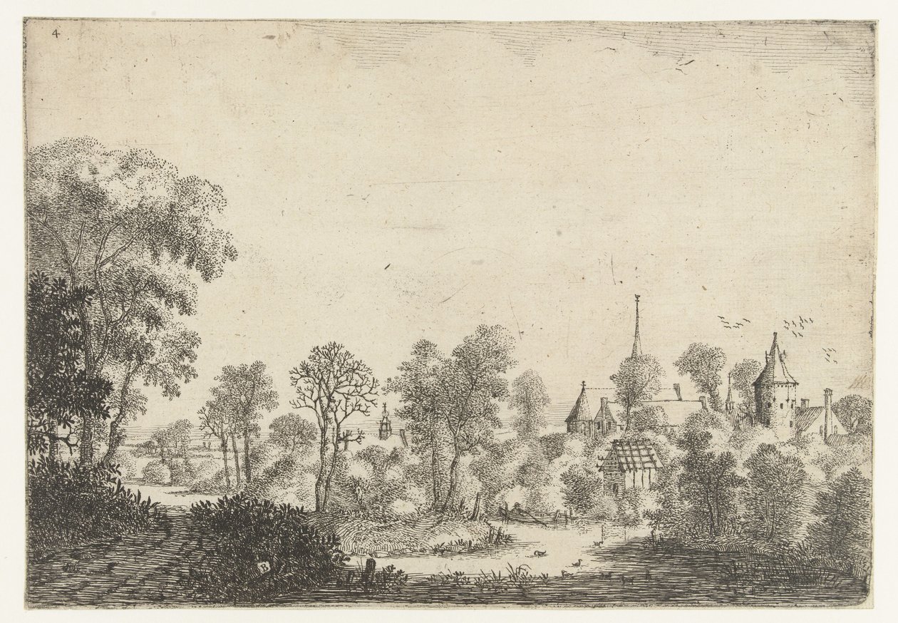Paisagem com vista para a aldeia e o homem de barco
Paisagens (título da série) de Jan van Brosterhuyzen