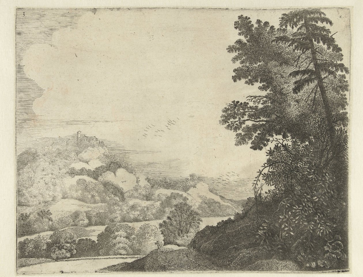 Paisagem com ovelhas em colinas e árvores
Paisagens (título da série) de Jan van Brosterhuyzen