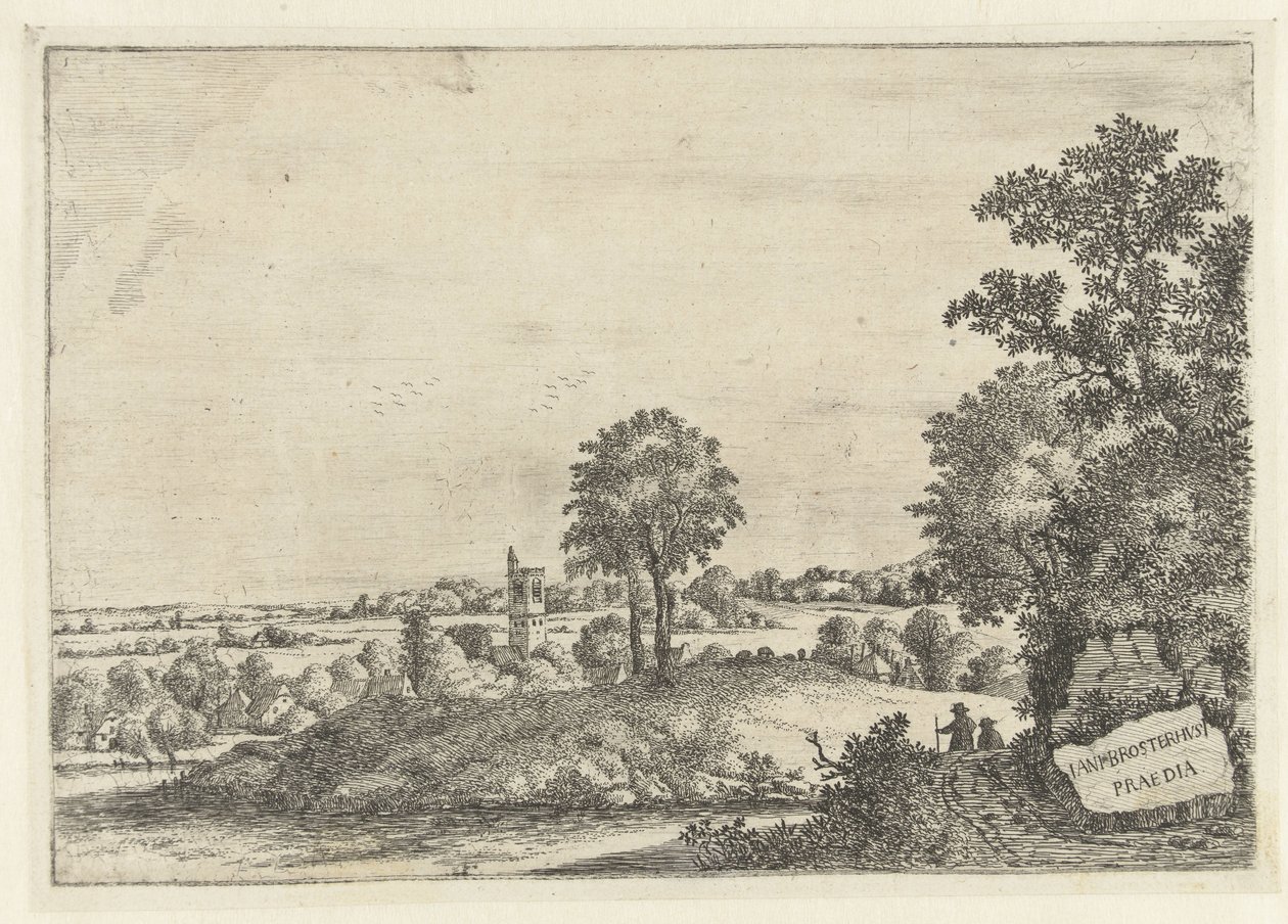 Paisagem com dois homens numa estrada de terra e vista de uma aldeia
Paisagens (título da série) de Jan van Brosterhuyzen