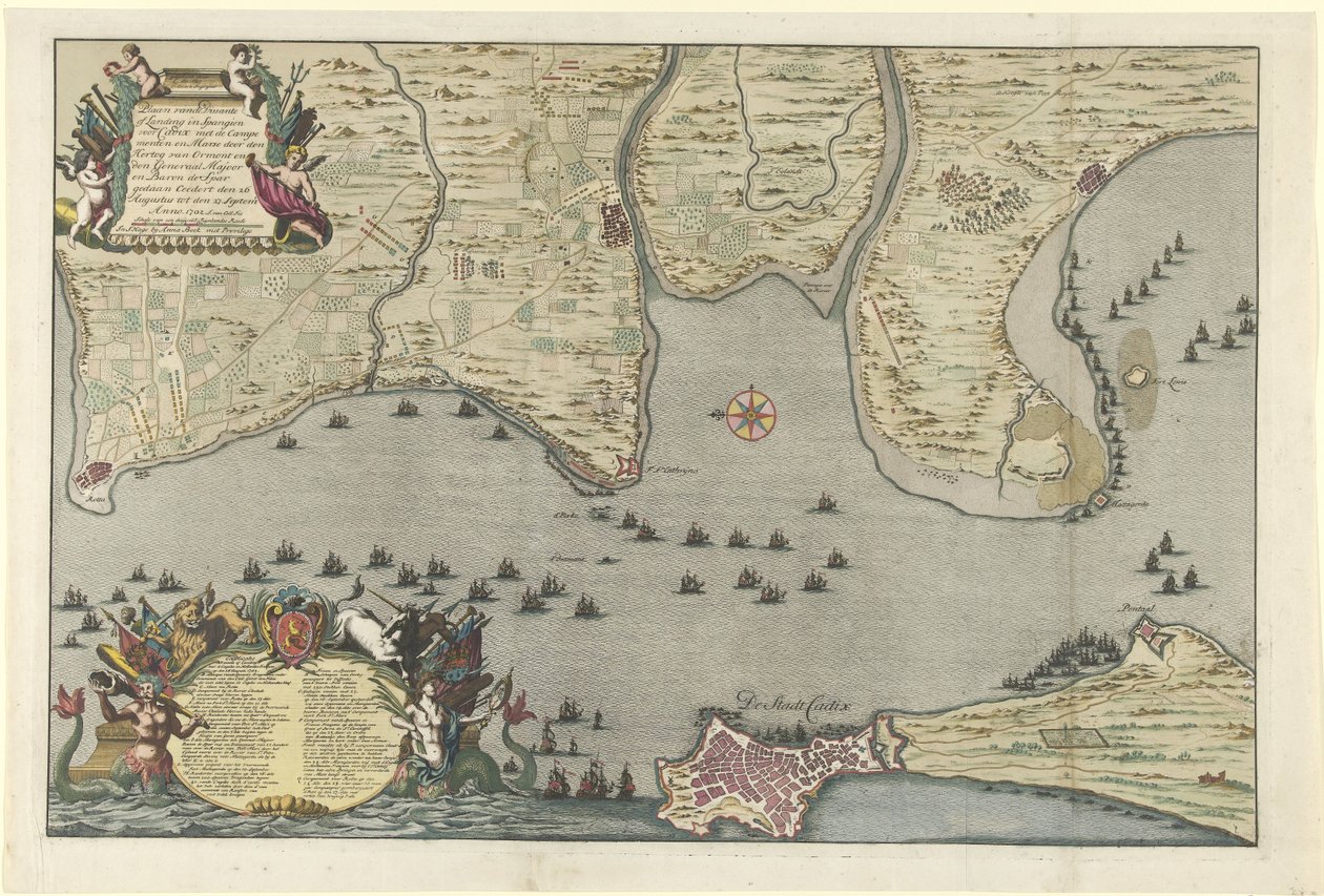 Mapa do desembarque e expedição dos Aliados em Cádis, 1702
Placa do Dissante ou Landing em Espanhol ao largo de Cadixen com os Campings e Marselha pelo Duque de Ormont e o Major-General e Barão de Spar fez Ceedert den 26 de Agosto a de Jan van Call (I)