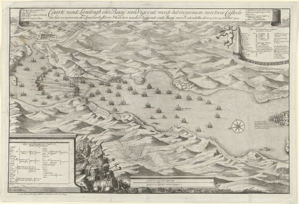 Batalha naval na Baía de Vigo e a captura da frota prateada espanhola, 1702
Mapa dos desembarques na baía de Vigos e a captura de dois castelos e a captura da frota de prata espanhola ancorada na baía em frente ao Redondella den de Jan van Call (I)