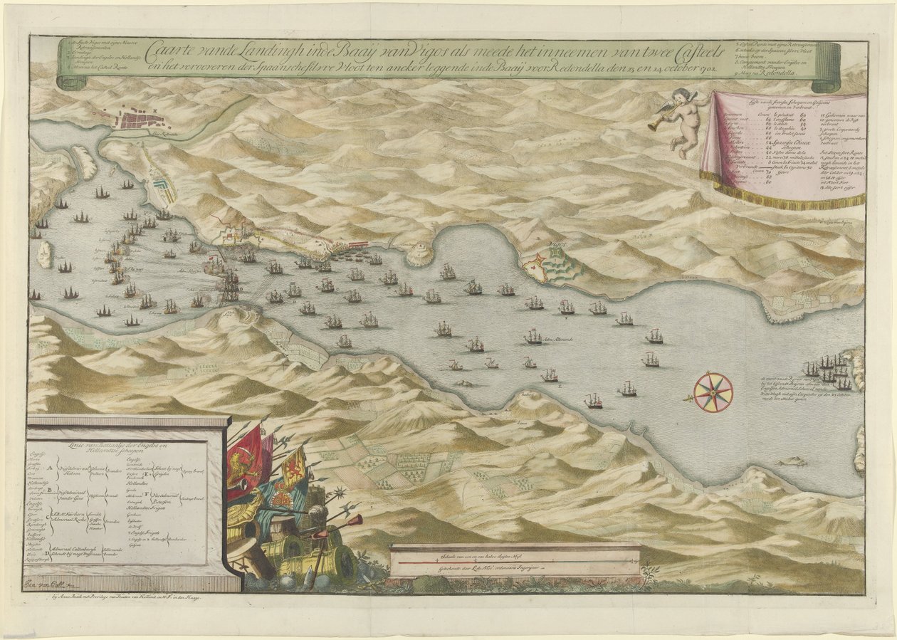 Batalha da Baía de Vigo e Captura da Frota de Prata Espanhola, 1702 Caarte vande Landingh na Baía de Vigos no âmbito da captura de dois Casteels e da captura da Frota de Prata Espanhola ancorada no Baay para a Redondella Den de Jan van Call (I)