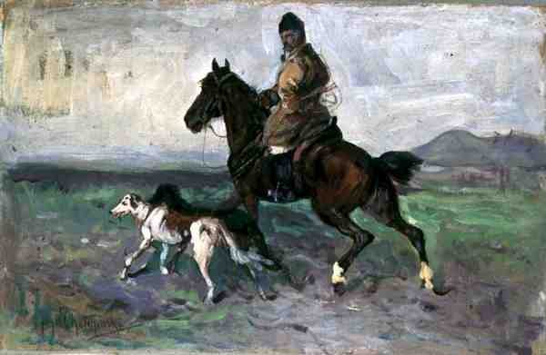 Cavaleiro com Greyhounds, c.1890 (óleo a bordo) de Jan van Chelminski
