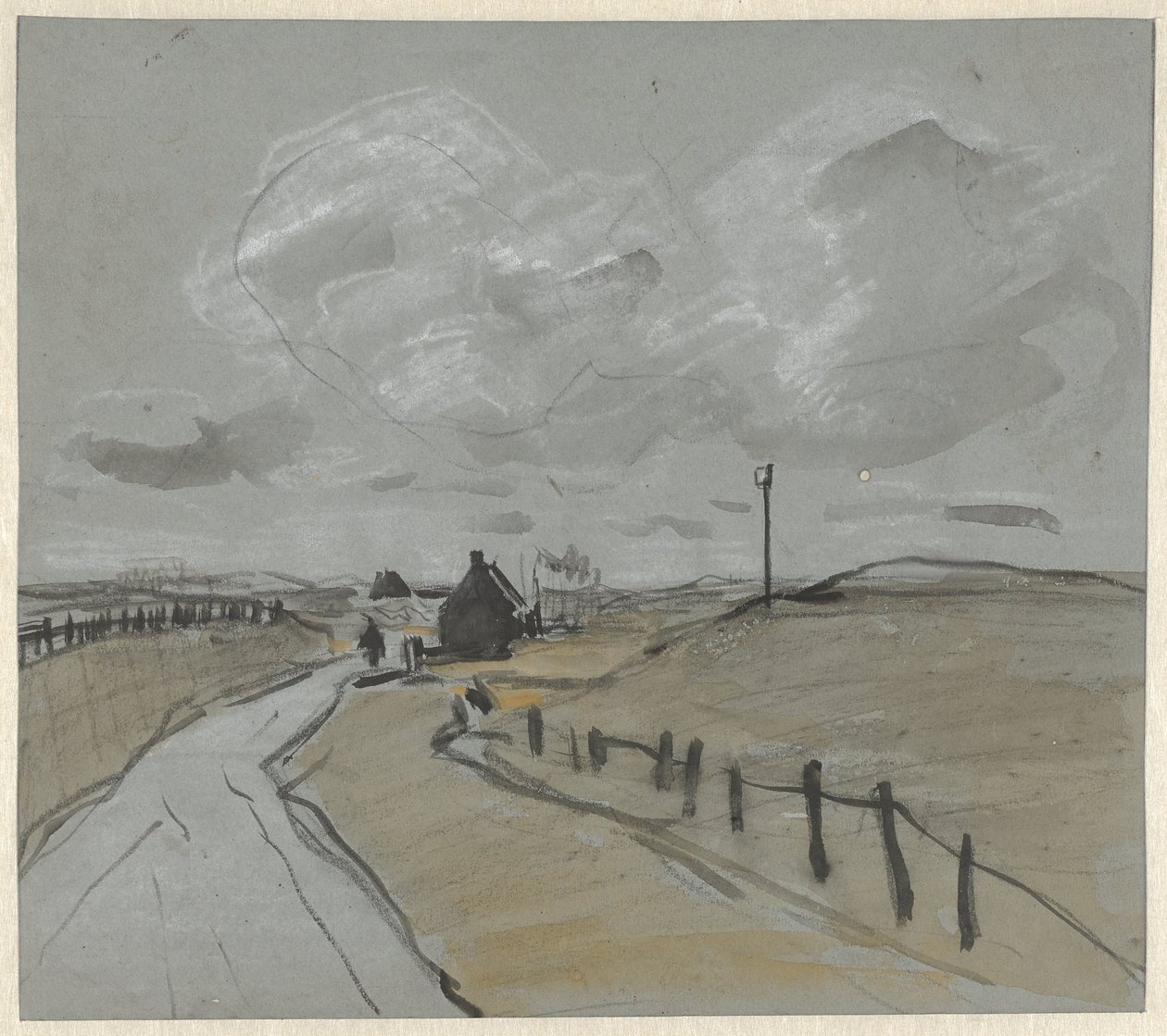 Vista ao longo de uma estrada com margens altas e cercas de Jan van Essen