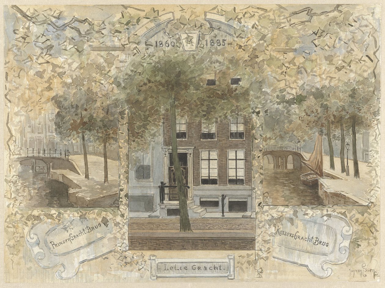 Casa em Leliegracht, ladeada pelas pontes sobre Prinsengracht e Keizersgracht de Jan van Essen