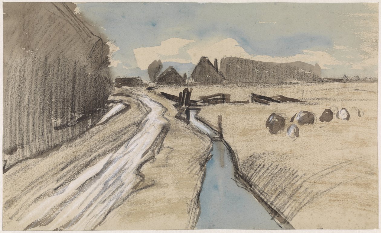 Paisagem com uma estrada ao longo de uma vala de Jan van Essen