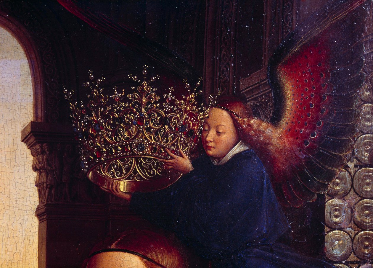 Um anjo a coroar a Virgem. Detalhe de "The Virgin of Chancellor Rolin" Nicolas Rolin (1376-1461) foi Chanceler de Borgonha sob o comando de Philippe Le Bon e fundador do Hospices de Beaune em 1443. Pintura de Jan van Eyck (1390-1441) de Jan van Eyck