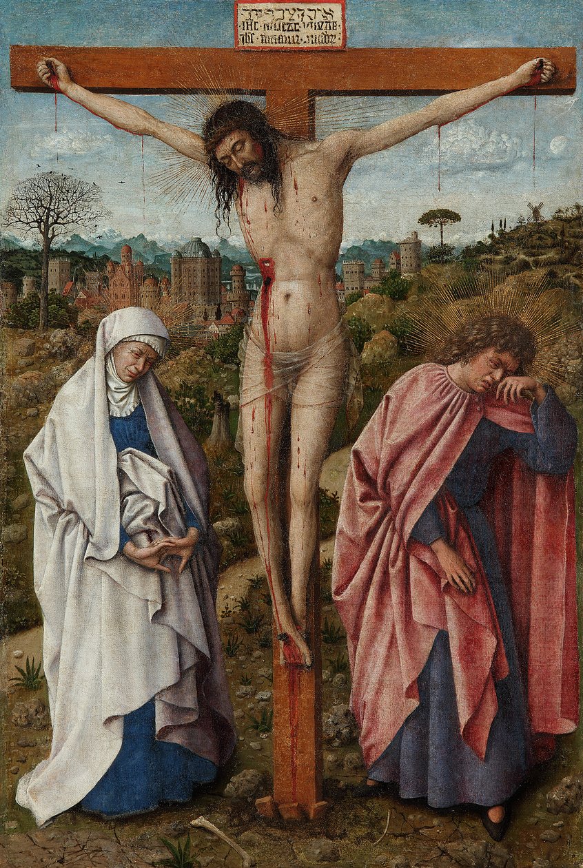 Alemão: Die Kreuzigung Christi Cristo na Cruz com a Virgem e São João de Jan van Eyck