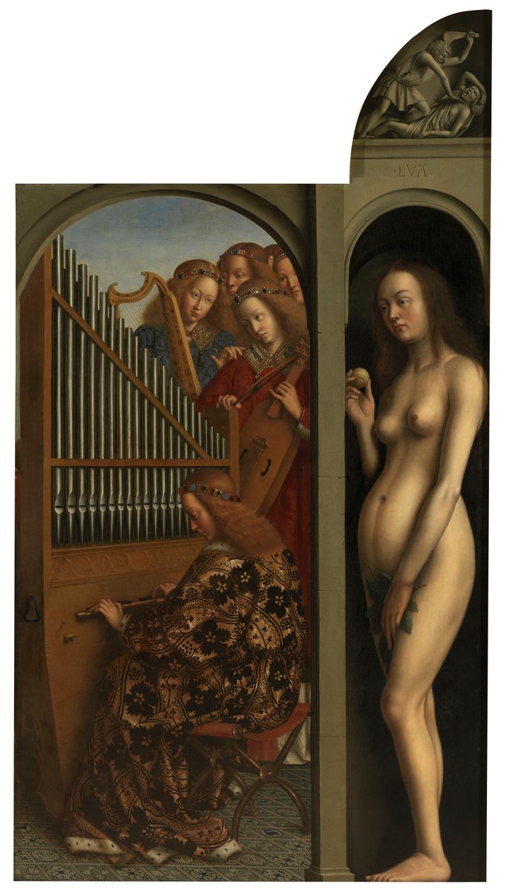 Os Anjos e Eva a tocar música de Jan van Eyck