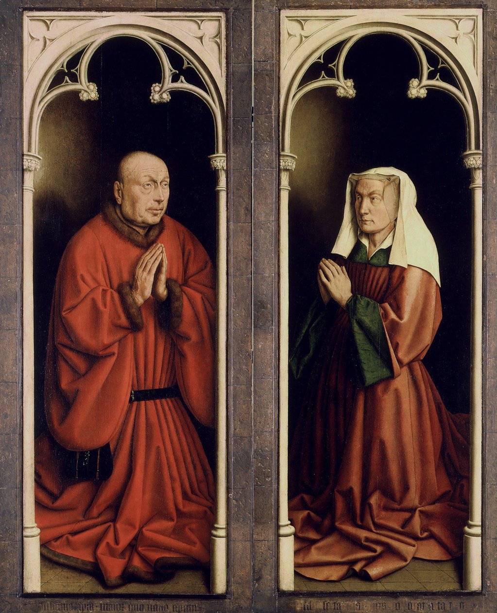 O Retábulo de Gante. Adoração do Cordeiro Místico: Joos Vijd e Elisabeth Borluut, 1432. de Jan van Eyck
