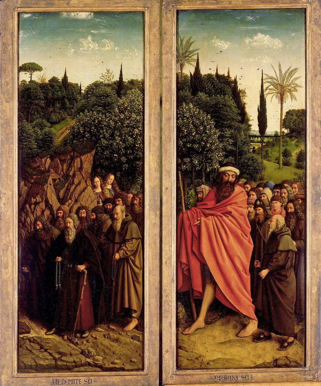 O Retábulo de Gante. Adoração do Cordeiro Místico: Os Santos Eremitas e os Santos Peregrinos, 1432. de Jan van Eyck