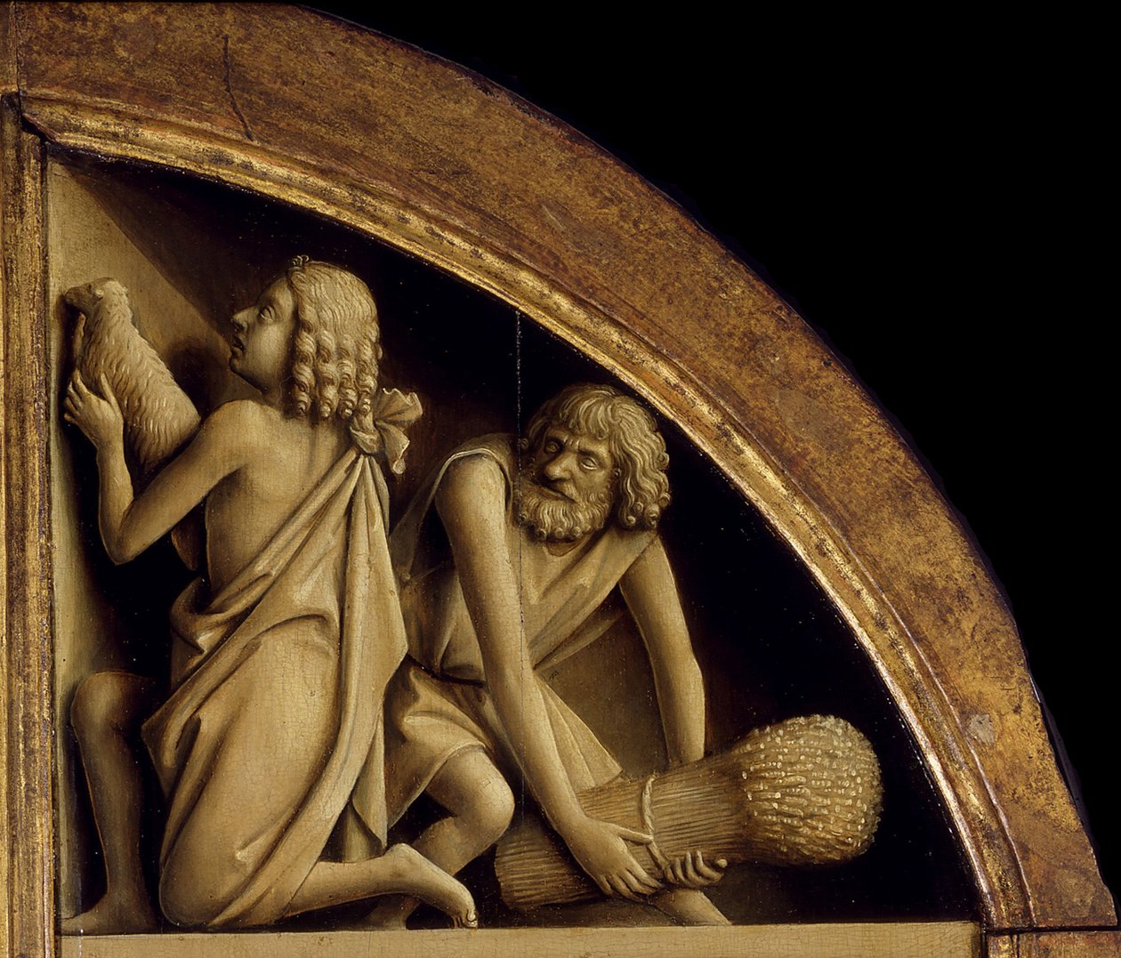 O Retábulo de Gante. Adoração do Cordeiro Místico: O sacrifício de Caim e Abel, 1432. de Jan van Eyck