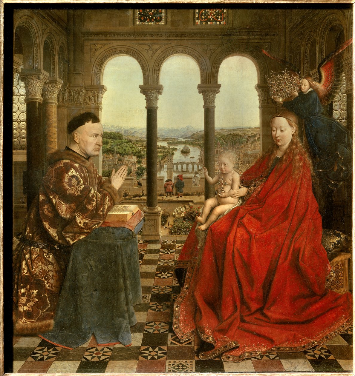 A Virgem do Chanceler Rolin Nicolas Rolin (1376-1461) foi Chanceler de Borgonha sob o governo de Philippe Le Bon e fundador do Hospices de Beaune em 1443. Pintura de Jan van Eyck (1390-1441). Sol do século XV. 0,66x0,62 m Paris, - The Virgin of Chancellor  de Jan van Eyck