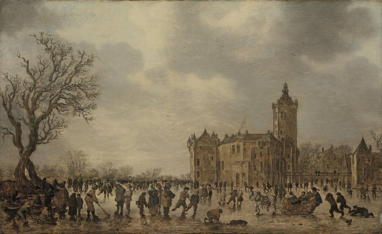 Uma paisagem de inverno com figuras a desportar no gelo junto ao Castelo de Montfoort de Jan van Goyen
