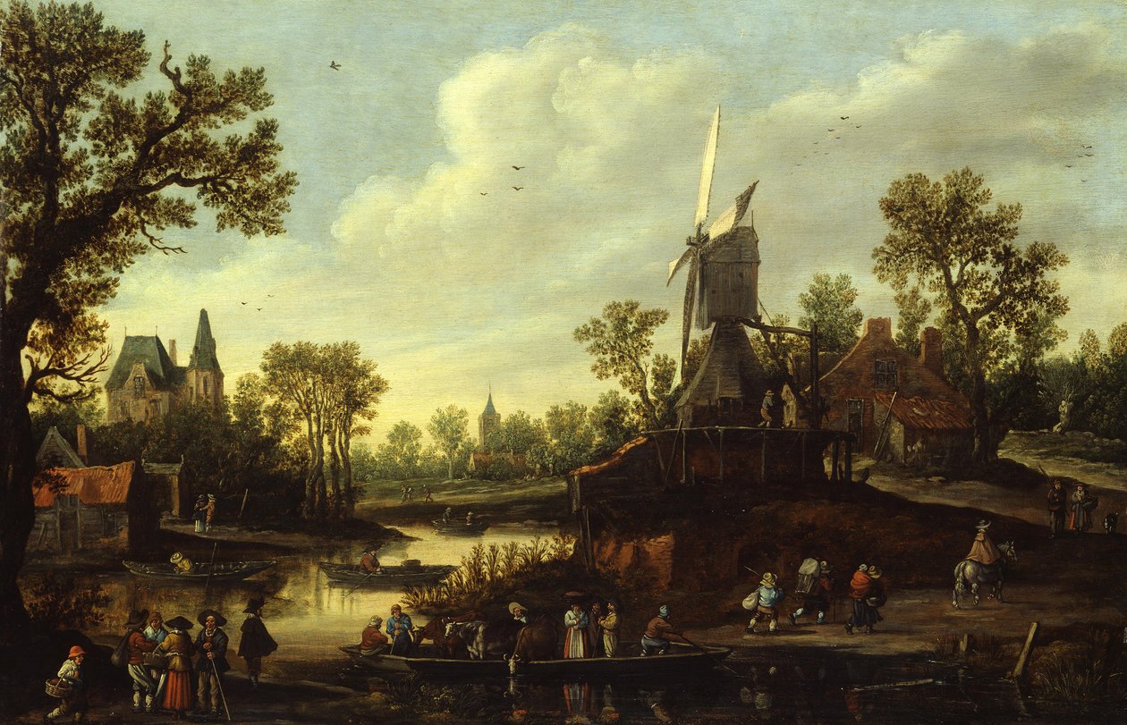 Alemão: Flusslandschaft mit Fähre Paisagem fluvial com um ferry de Jan van Goyen