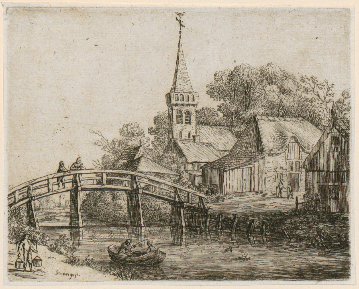 Ponte de madeira, prancha 4 da série «Diversas paisagens» de Jan van Goyen