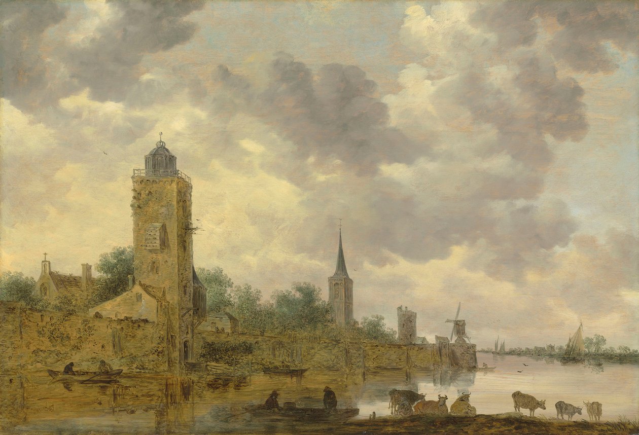 Paisagem com muralha de cidade e farol de Jan van Goyen