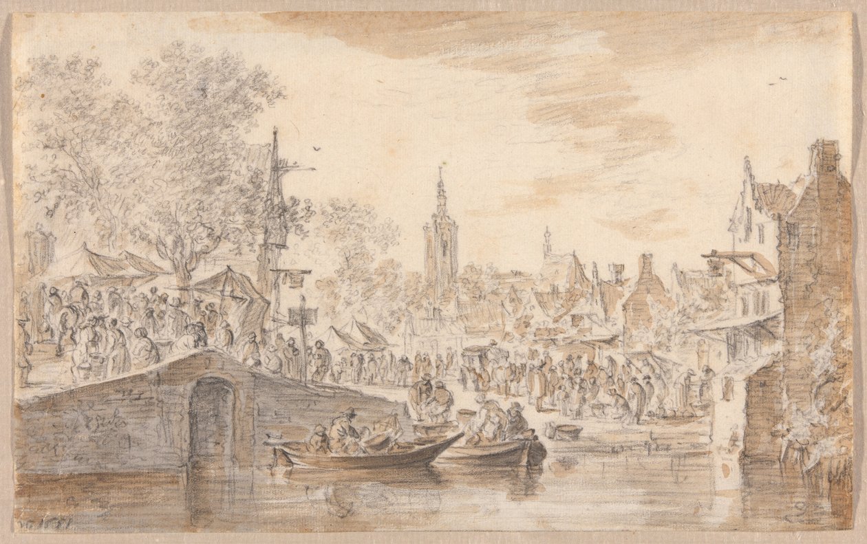 Mercado perto de um canal de Jan van Goyen