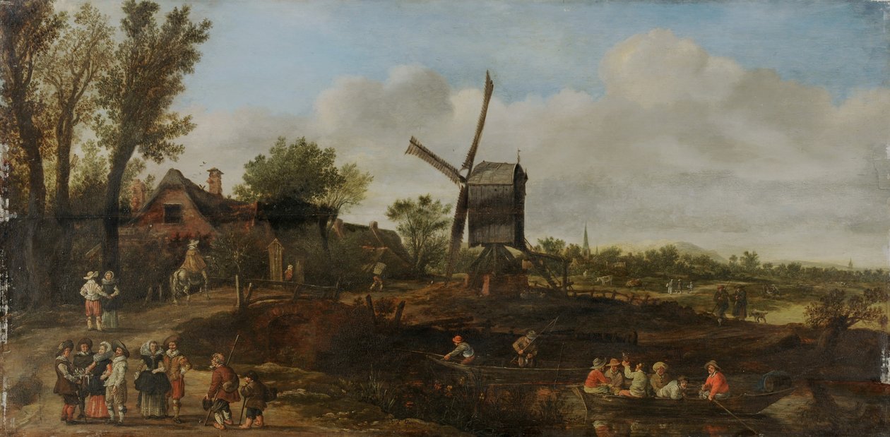 Paisagem fluvial com moinho de vento e barcos de Jan van Goyen