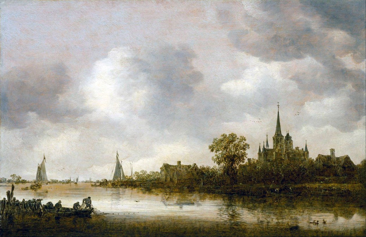 Paisagem fluvial com uma igreja ao longe de Jan van Goyen