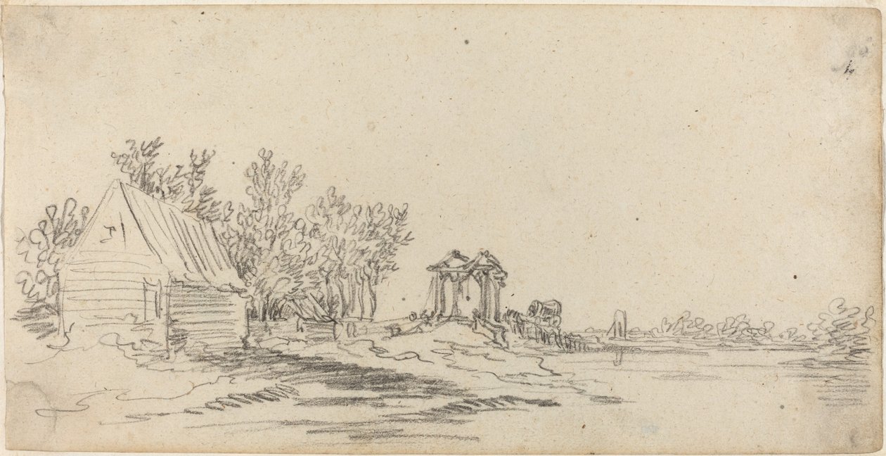 Paisagem do rio com uma ponte distante de Jan van Goyen