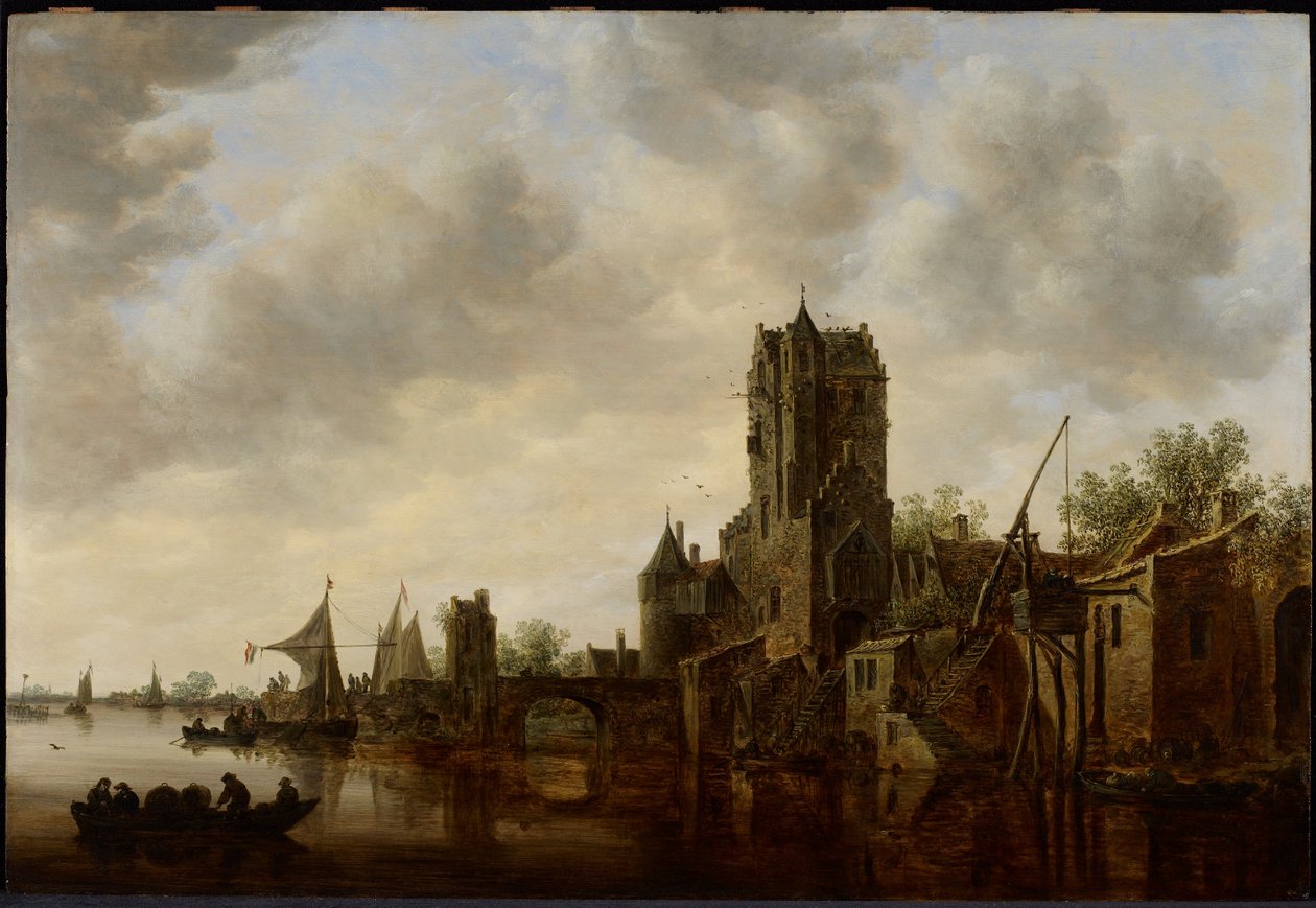 Paisagem fluvial com a Porta Pellecussen perto de Utreque de Jan van Goyen