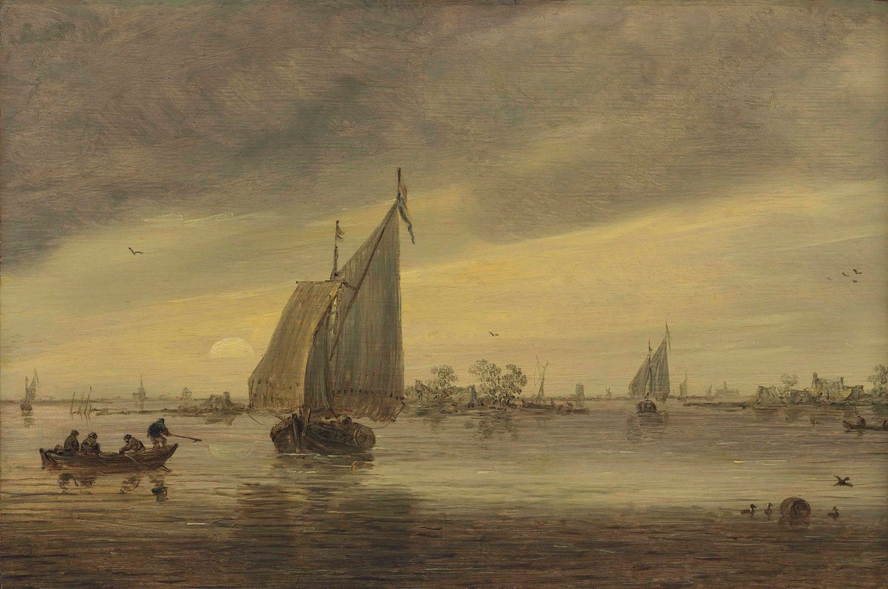 Nascer do sol sobre o Haarlemmermeer com um navio e outros barcos de Jan van Goyen