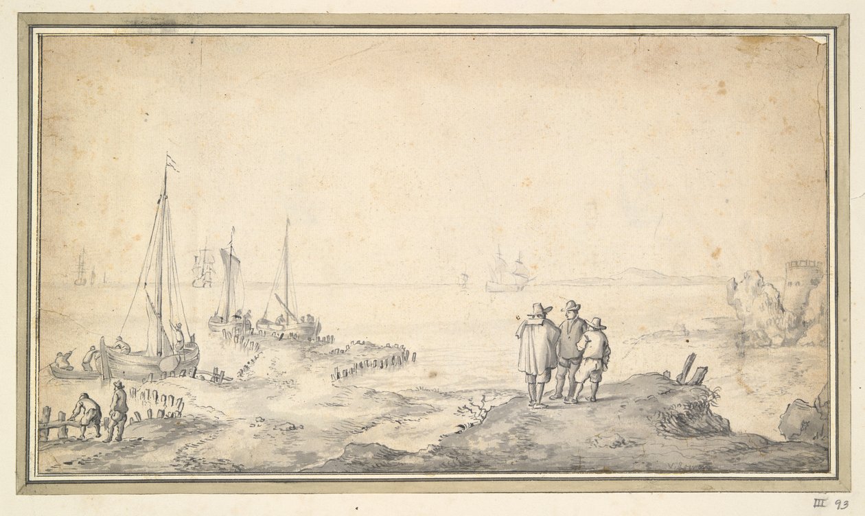 Três figuras numa Duna com vista para a Baía com Navios de Jan van Goyen