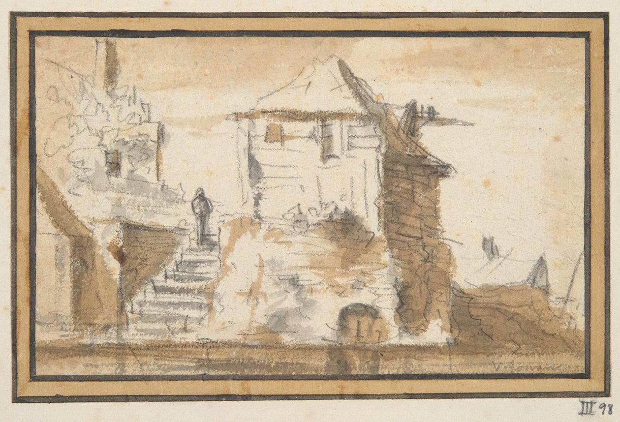 Dois edifícios com uma escada de Jan van Goyen