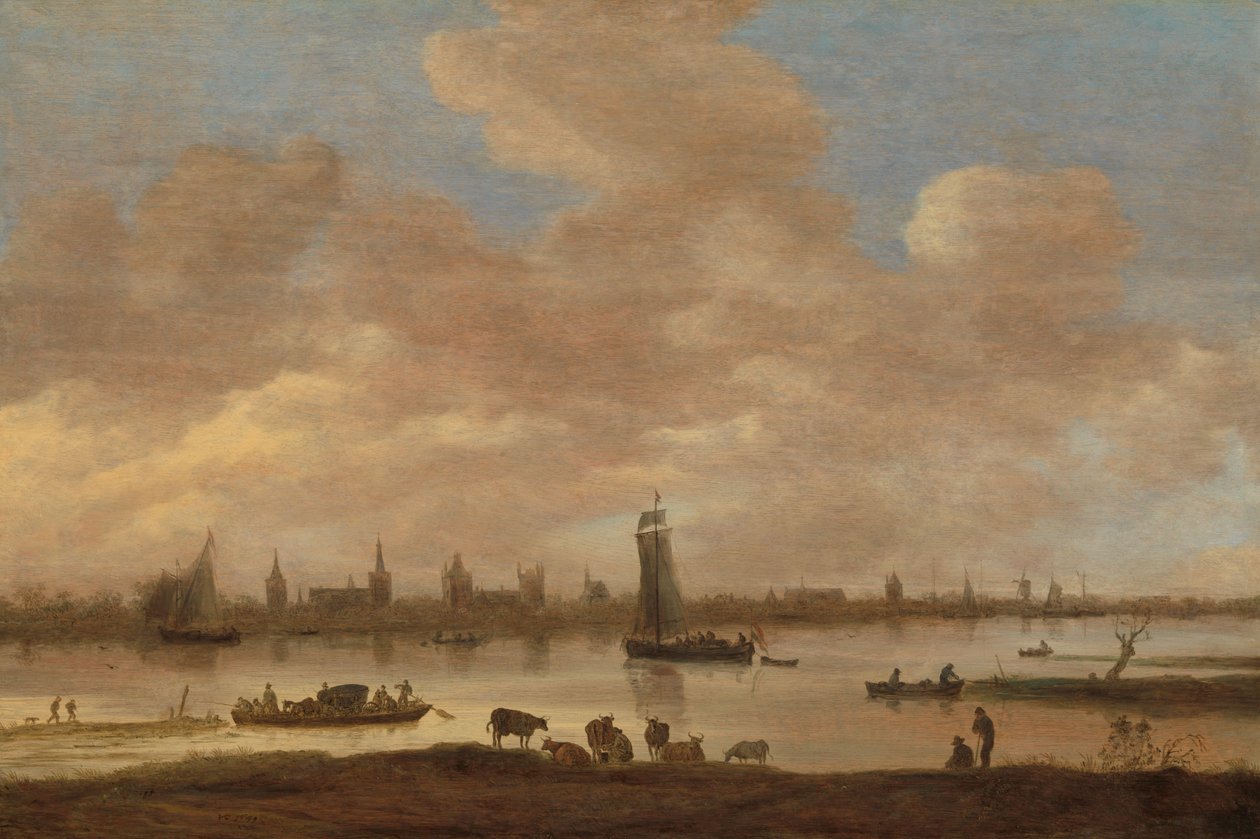 Vista de uma cidade imaginária através de um rio, com a Torre de Saint Pol em Vianen de Jan van Goyen