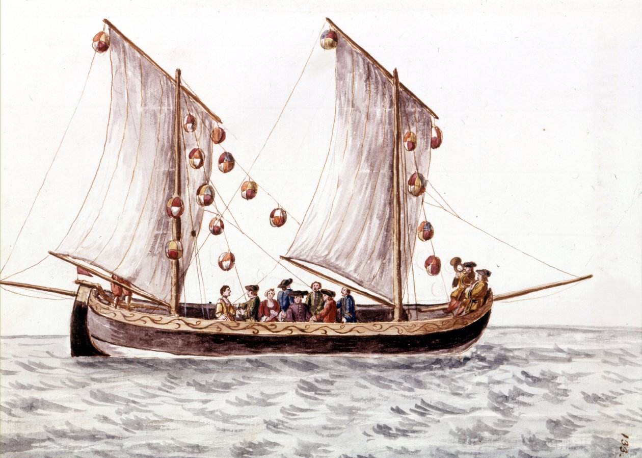 Um trabac veneziano com lanternas, barco de pesca utilizado em águas rasas como o Mar Adriático, desenho aquarelado e tinta do manuscrito "Costumes dos Venicianos" de Jan van Grevenbroeck (ou Giovanni Grevembroch (Grevenbroch) (1731-1807) de Jan van Grevenbroeck
