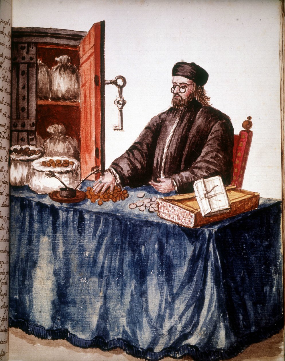 Um banqueiro em Veneza. Desenho aquarelado e tinta do manuscrito "Costumes dos Venicianos" de Jan van Grevenbroeck (ou Giovanni Grevembroch (Grevenbroch) (1731-1807) de Jan van Grevenbroeck
