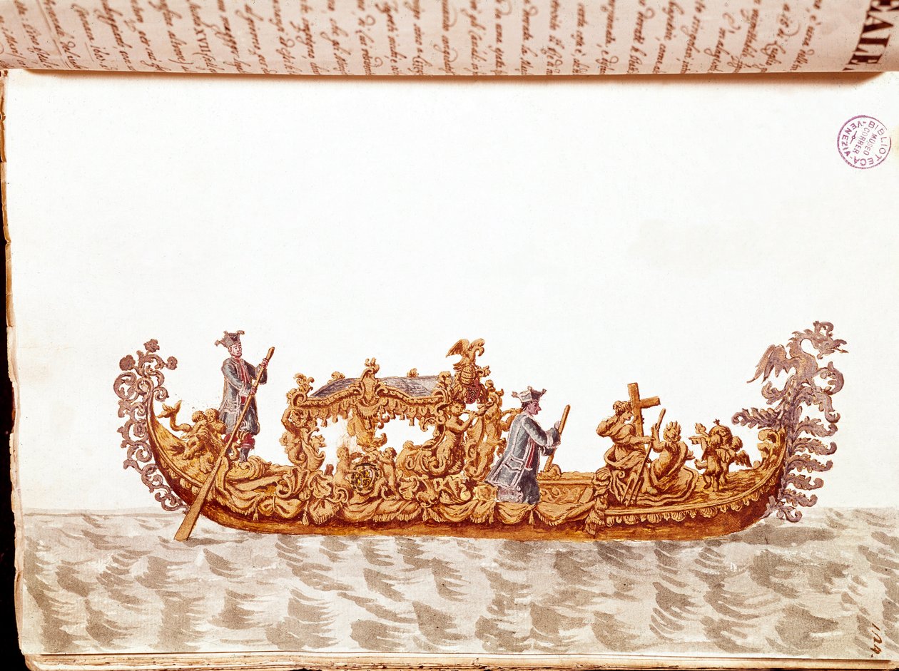 Uma gôndola real - Desenho aquarelado e tinta do manuscrito "Costumes dos Venicianos" de Jan van Grevenbroeck (ou Giovanni Grevembroch (Grevenbroch) (1731-1807) de Jan van Grevenbroeck