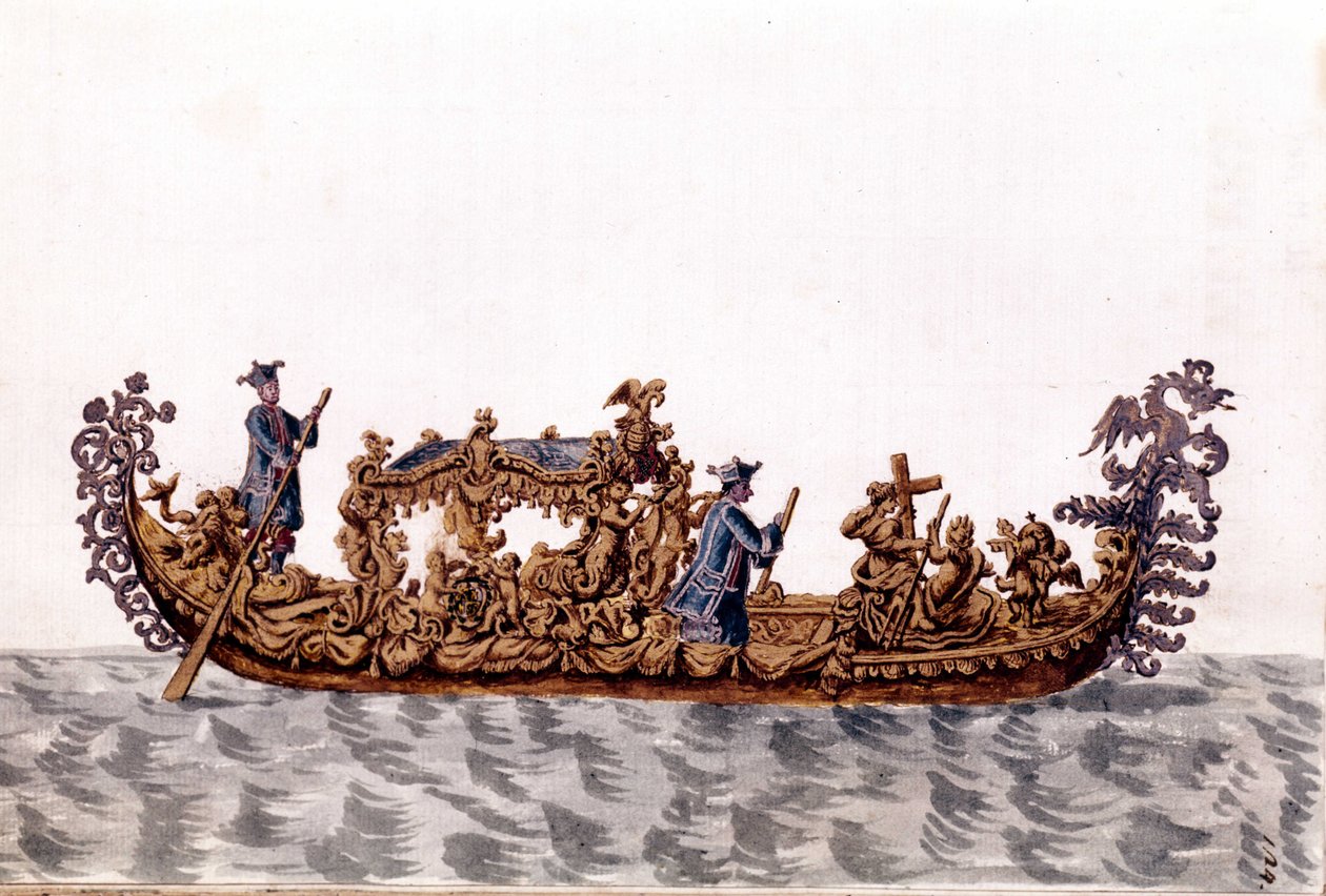 Uma gôndola real. Desenho aquarelado e tinta do manuscrito "Costumes dos Venicianos" de Jan van Grevenbroeck (ou Giovanni Grevembroch (Grevenbroch) (1731-1807) de Jan van Grevenbroeck