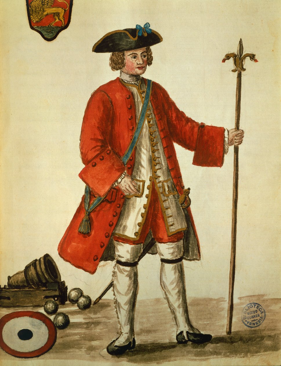 Um homem de artilharia da Marinha de Veneza em uniforme, tirado de Os trajes de Venicens por Giovanni di Grevembroch (1731-1807) Watercolour de Jan van Grevenbroeck