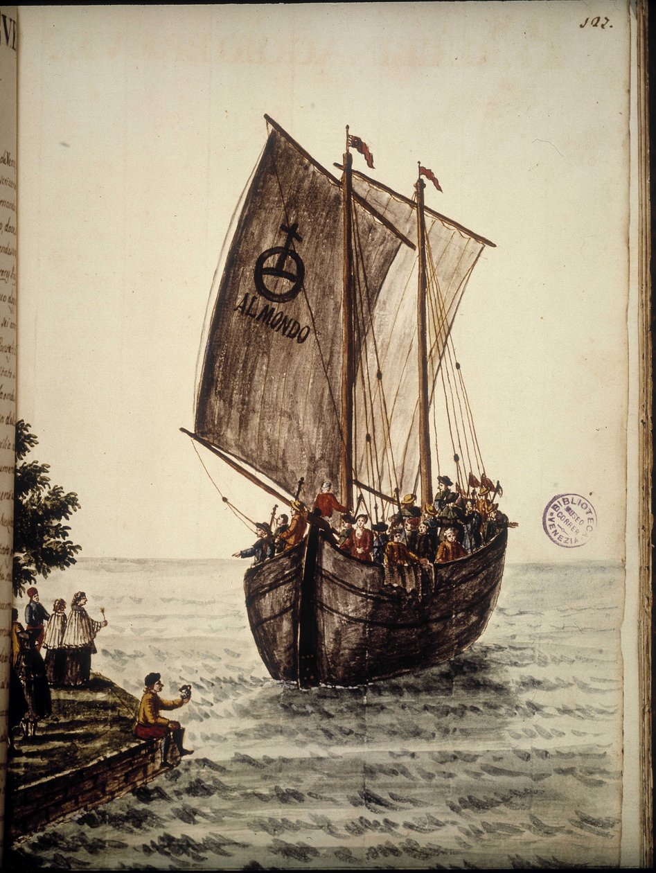 O barco dos peregrinos. Desenho aquarelado e tinta do manuscrito "Costumes dos Venicianos" de Jan van Grevenbroeck (ou Giovanni Grevembroch (Grevenbroch) (1731-1807) de Jan van Grevenbroeck