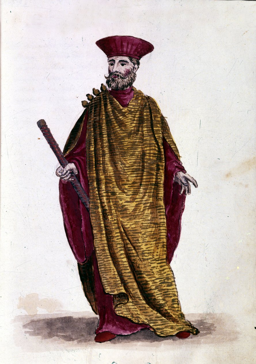 Capitão do Mar: Oficial da Marinha Militar da República de Veneza. Desenho aquarelado e tinta do manuscrito "Costumes dos Venicianos" de Jan van Grevenbroeck (ou Giovanni Grevembroch (Grevenbroch) (1731-1807) de Jan van Grevenbroeck
